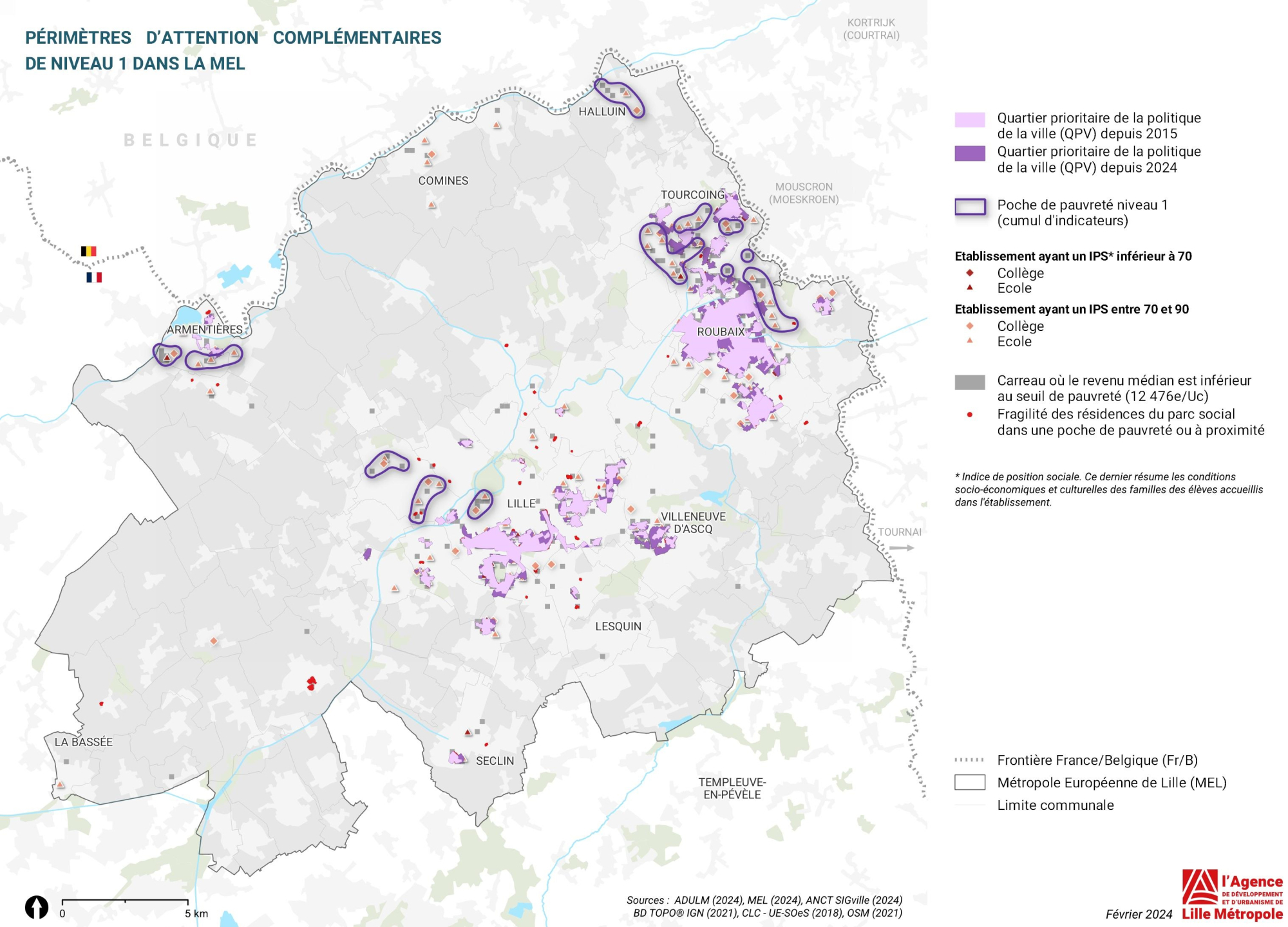 Carte du territoire de la MEL : périmètres d'attention complémentaires de niveau 1